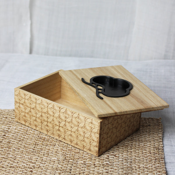 Hand-engraved Japanese wooden box with matsu (pine) motif