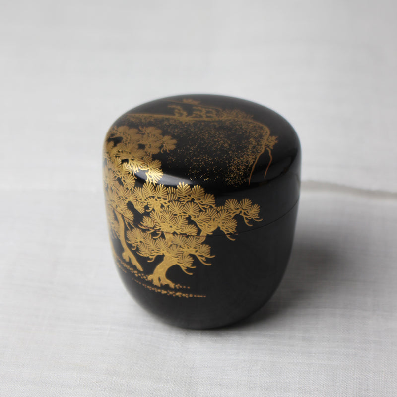 Japanese urushi lacquer and maki-e natsume (tea caddie), Matsu (pine tree) and Yama (mountain)decor
