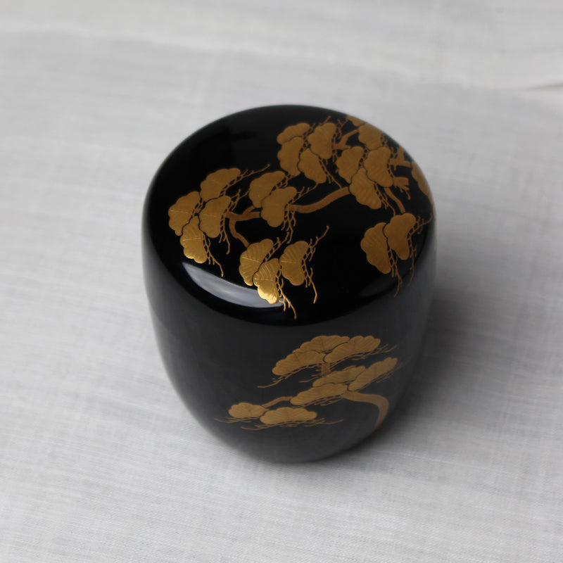 Japanese urushi lacquer and maki-e natsume (tea caddie), Matsu (pine tree) decor