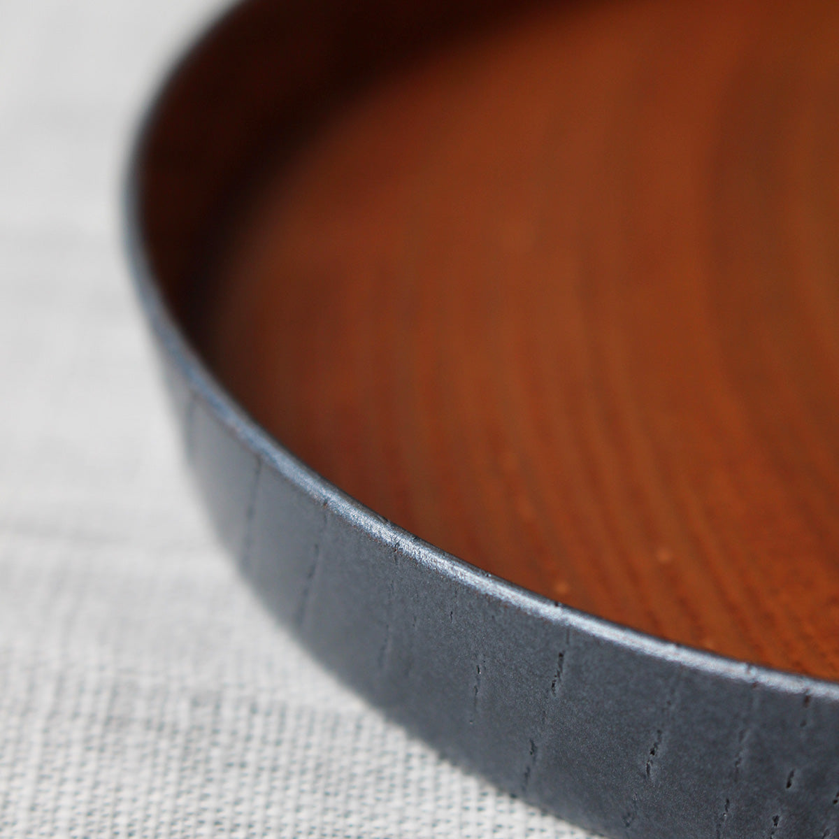 Set of 3 Japanese wooden plates, black urushi lacquer and metallic blue pigment