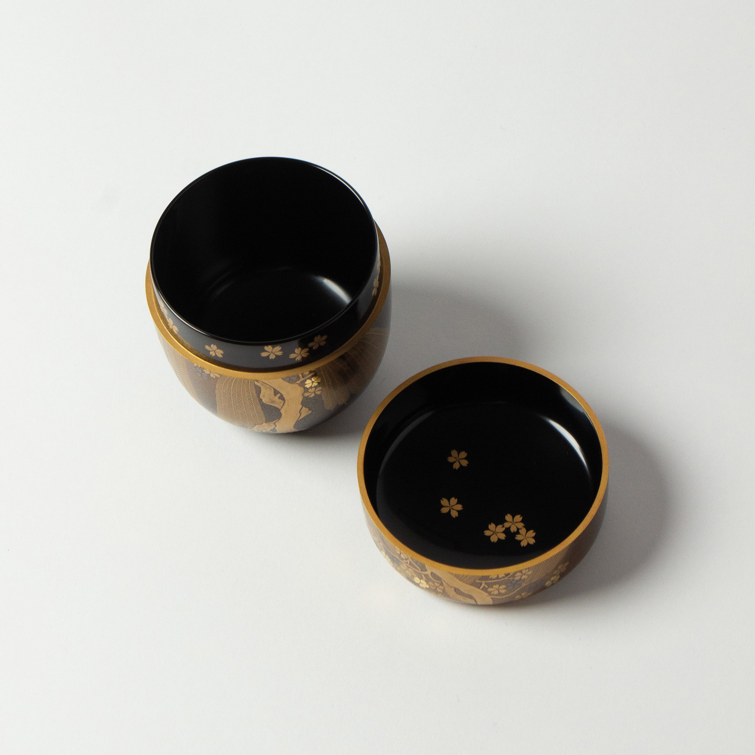 Natsume (tea box) Japanese urushi lacquer and maki-e gold powder decoration, sakura (cherry blossom) and yanagi (willow) motif