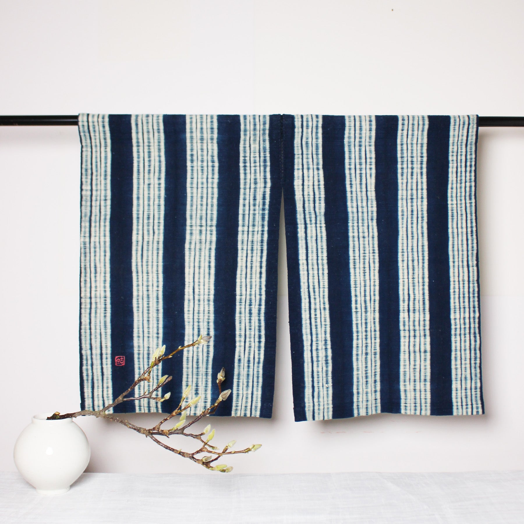 Natural indigo and shibori Japanese Noren, lines pattern