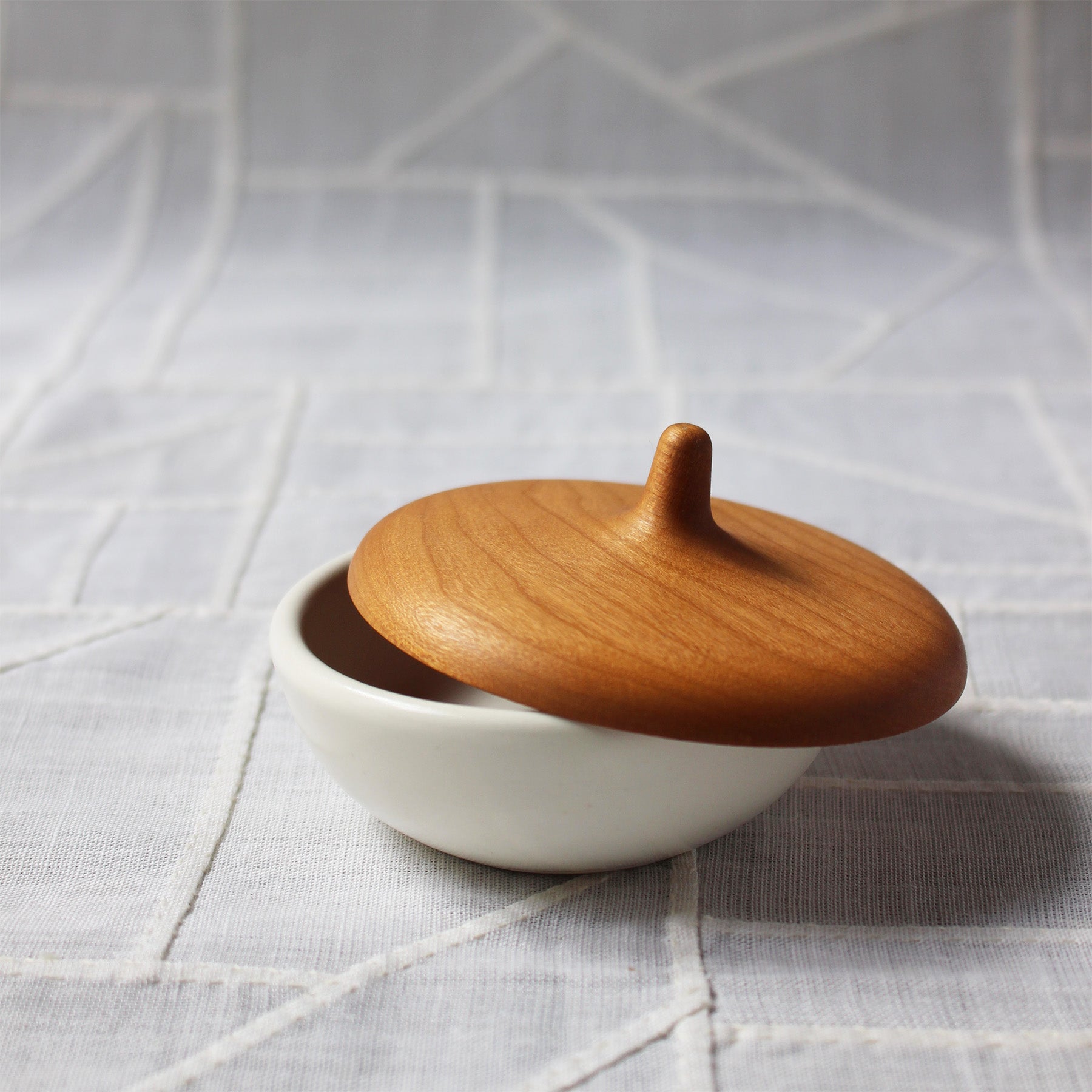 Small White Ceramic Japanese Box with Cherry Lid